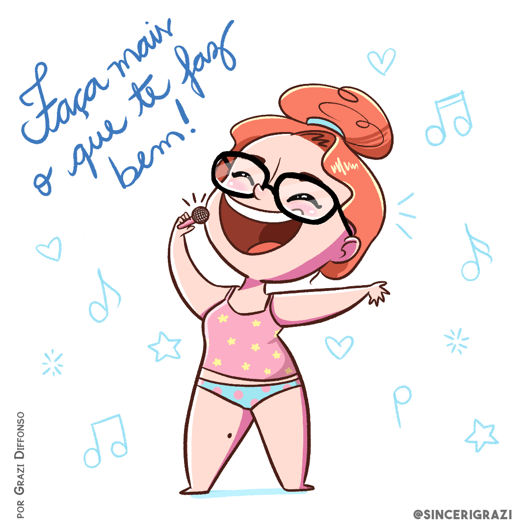 Ilustração estilo cartoon de menina ruiva cantando com microfone miniatura