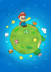 Ilustração do personagem Mário no mundo do pequeno príncipe ao lado de uma flor